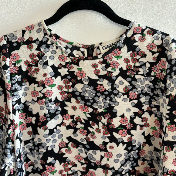 Essentiel Antwerp Haut Rock n Roll Floral Top Size 4 Black Pink Ruffle Cuffs - Picture 2 of 4